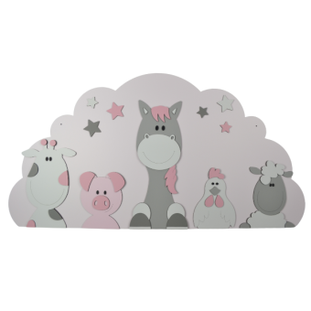 Boerderijdieren (5st.) koe-varken-paard-kip-schaap  op wolk achterplaat- kleur te kiezen (116x60cm)